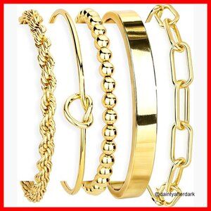 14K Gold Plated Stainless Steel Cuff Bracelet Set Stackable Adjustable